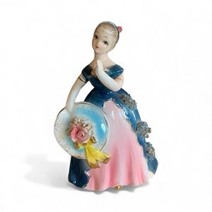 Vintage Porcelain Southern Bell Figurine, Blue & Pink Dress Flowers Matching Hat